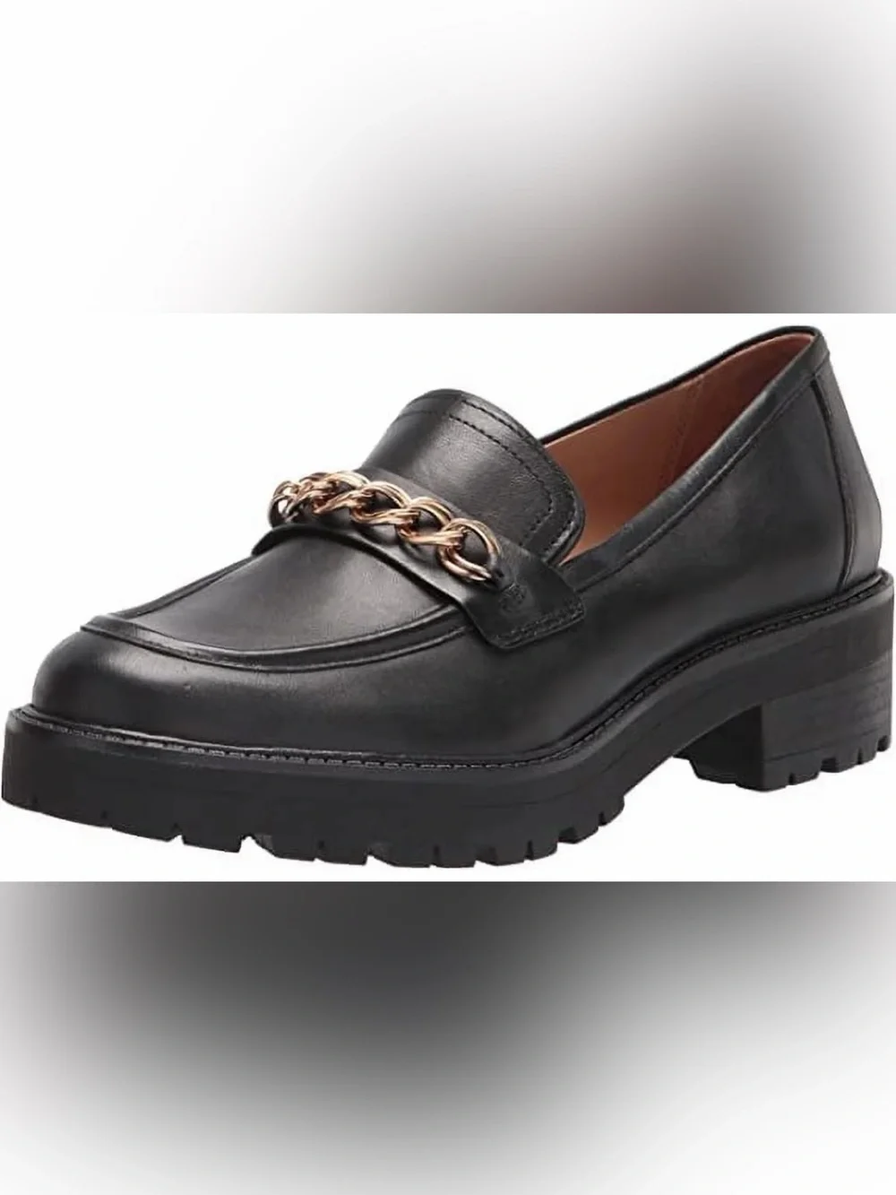 Sam Edelman Black Leather Loafers with Gold Chain Accent